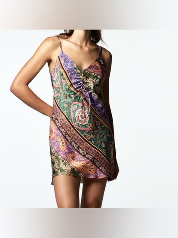 Zara Green And Purple Paisley Slip Mini Dress
